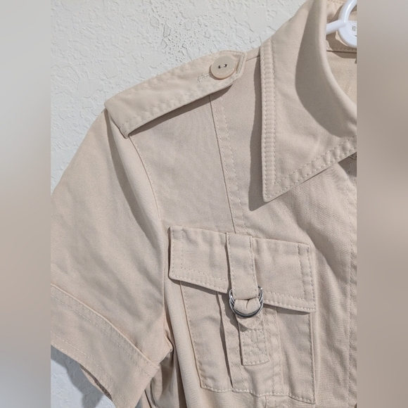 Escada Cream Fitted Belted Short Sleeve Button-Up Midi Shirt Dress Utility - Picture 8 of 11